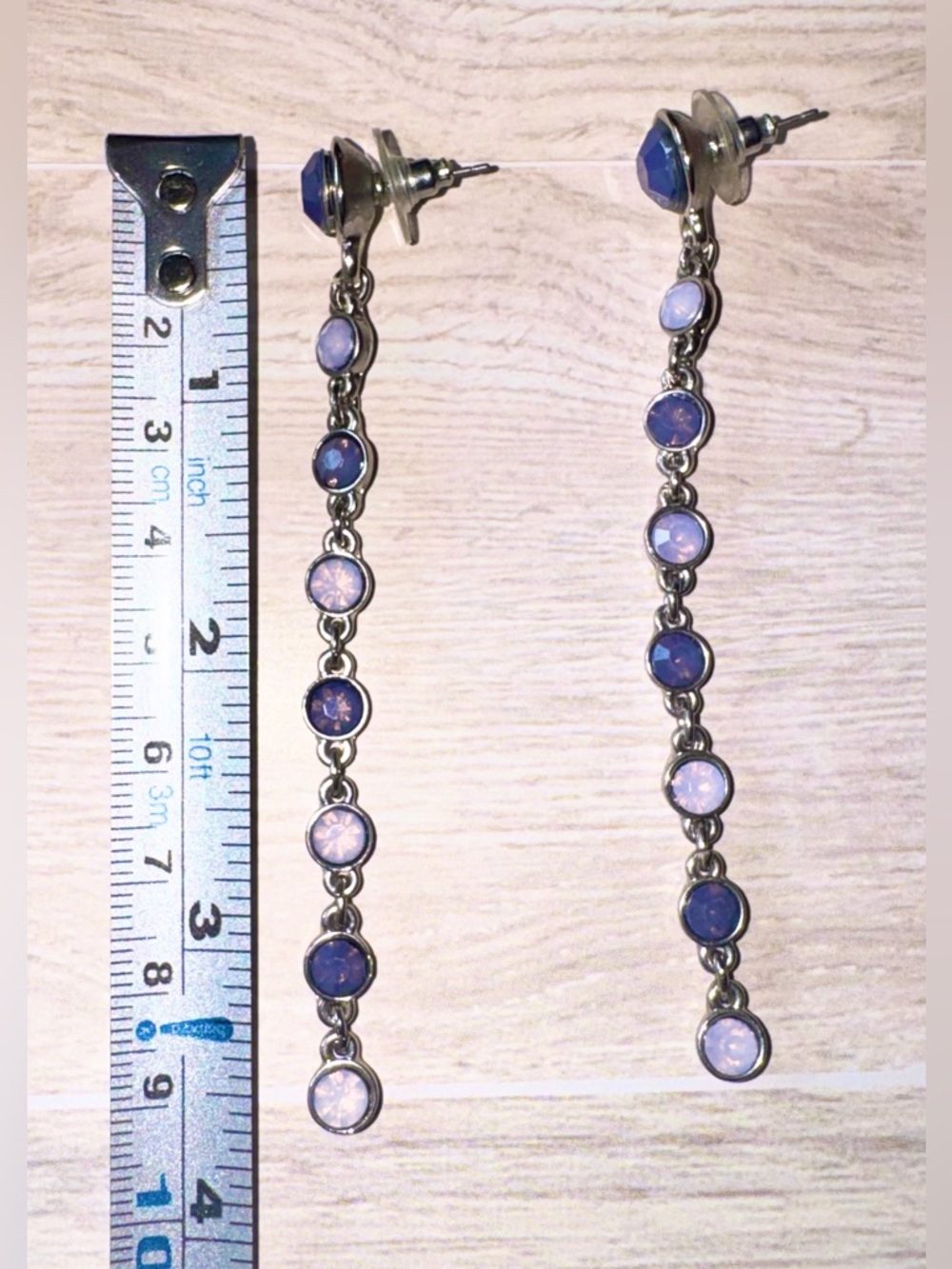 Long Dangle Earrings with Blue Opalescent Stones - Picture 4 of 5
